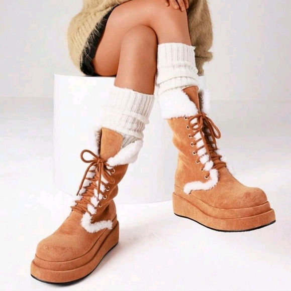 Women Winter Warm Faux Fur Snow Fluffy Mid Calf Boots Sweet Cute Furry Thick - Picture 3 of 5